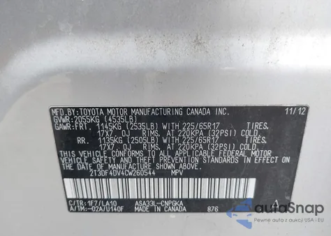 2012 Toyota Rav4 Limited from USA, damaged, VIN 2T3DF4DV4CW260544